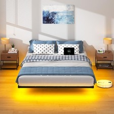Queen Size Floating Bed Frame with LED Lights, USB Charging Station, Modern Bed