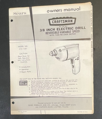 #ad Vintage 1969 Sears Craftsman 3 8 In. Electric Drill Owner#x27;s Manual Only #11351 $9.99