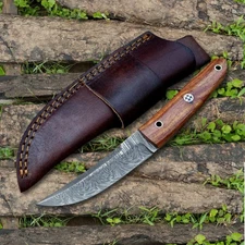 Handmade Damascus Steel Fixed Blade Hunting Tanto Knife with Sheath