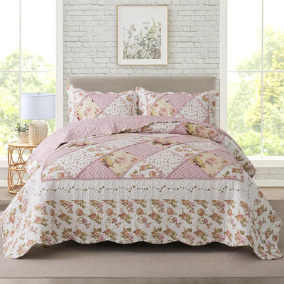 3-Piece Quilt Set Quilted Bedspread Lightweight Coverlet Set Garden Style Floral