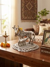 Silver Metal Kamdhenu Cow and Calf Statue Kamdhenu Gau Mata Idol Home Decor Gift