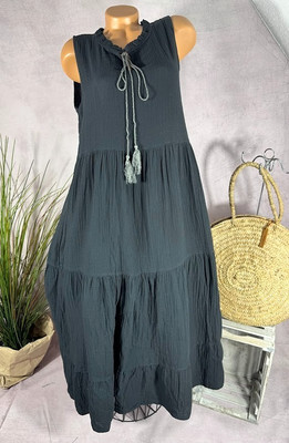 NEU Maxi Stufen KLEID Tunika Musselin crinkle Alinie Italy SCHWARZ 38 40 42