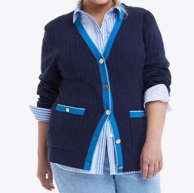 #ad Draper James Cassadee Cardigan 2XL Blue Cashmere Blend Ribbed V Neck Button NWT $56.09