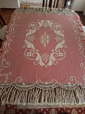 Tischdecke Filetdecke mit Fransen Filet Decke ca. 1,65m x 1,40m, top, Blumen