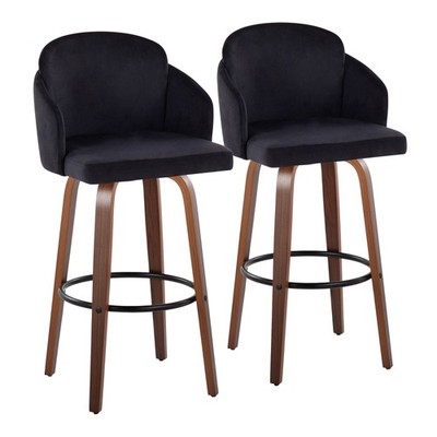 Fixed-Height Barstool in Walnut Wood and Black Velvet with Gold Metal Accent a