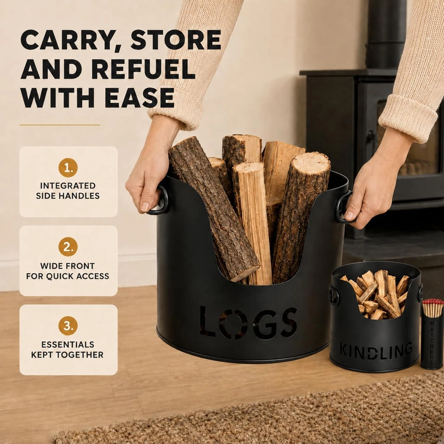 3PC Firewood Log Storage Bucket Set Kindling Match Holder Fireplace Accessories - Image 5