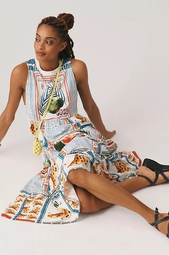 Farm Rio Tiered Tank Dress Anthropologie Collage Print Sleeveless Tee Size S NEW