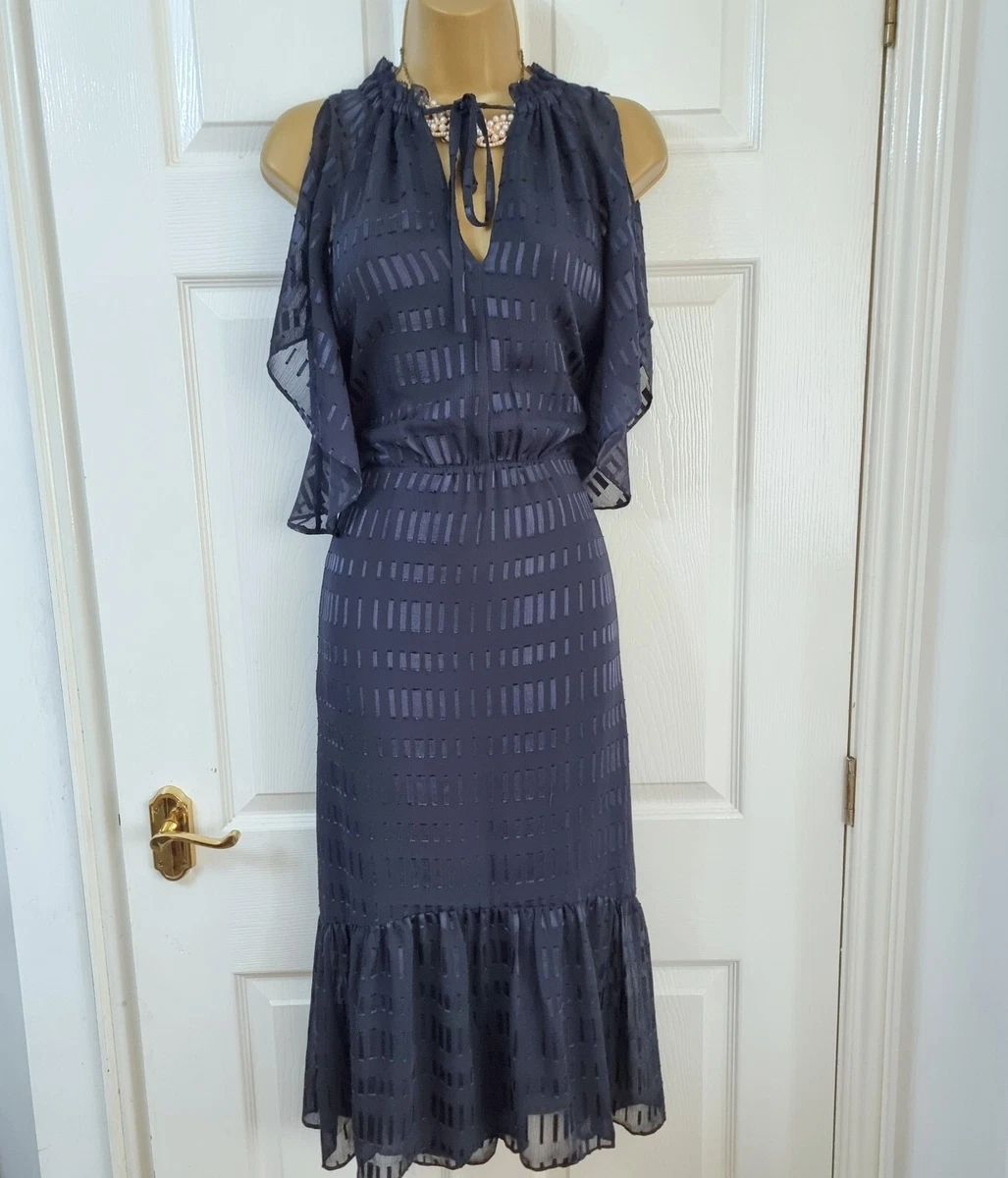 Whistles Navy Midi Dress UK 10 Tiered Tie Neck Slit Sleeve Beach