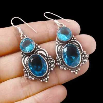 Elegante Blaue Topas Edelstein 925 Sterling Silber Handgemachte Ohrringe S-40 - Bild 1 von 4