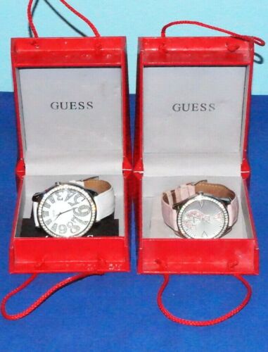 Lot of 2 GUESS Watches Fashion Bling Crystal Silver Tone Leather Bands Pre-Owned - Picture 1 of 12