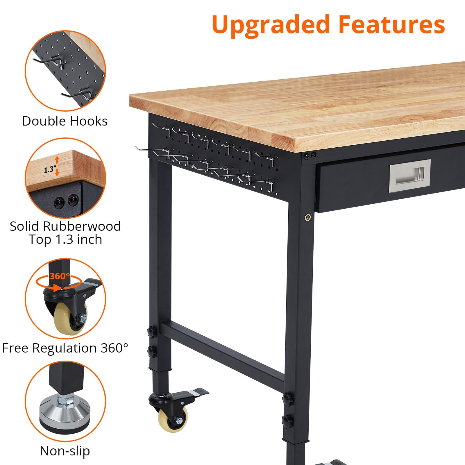 48" Adjustable Height Workbench Heavy Duty Workstation Garage with Power Outlets