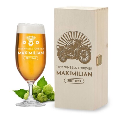 Leonardo Pilstulpe 0,3 L und Holzkiste mit Gravur - Geschenk-Set für Männer