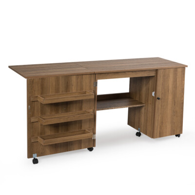 Folding Sewing Table Shelves Storage Cabinet Craft Cart on Wheels Large Natural