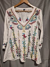 Raj Belle Embroidered Tunic Peasant  Multicolor Floral Embroidery L Boho Cotton