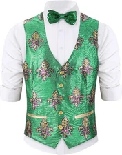 Sequin Vest Party Formal V-neck Shiny Waistcoat Bowtie Set MARDI GRAS Carnival