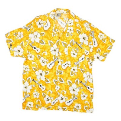 In Gear Herren Gelbes Hawaiian Rayon Hemd M Floral Gitarre Druck Sommer Freizeit