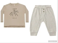 Rylee + Cru Organic Cotton Baby Boy 3-6 Months Giddy Up Set Pant Outfit  Brown