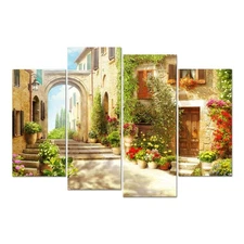 Tuscany Town Canvas Wall Art Old Mediterranean Street with Flowers Wall Decor...