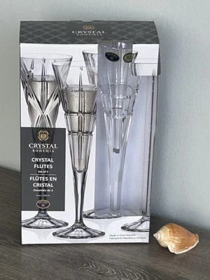 CRYSTAL BOHEMIA champagne FLUTES wedding Set of 2 Czech Republic NEW in Box .