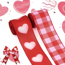 2 Rolls Valentine's Day Fabric Ribbons Pink Plaids Burlap Hearts Linen Ribbon...