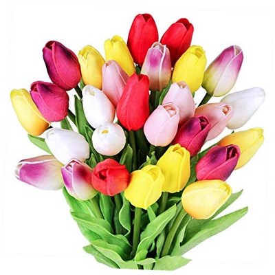  28 Pcs Multicolor Tulips Artificial Flowers Faux Tulip Stems Real Feel PU 