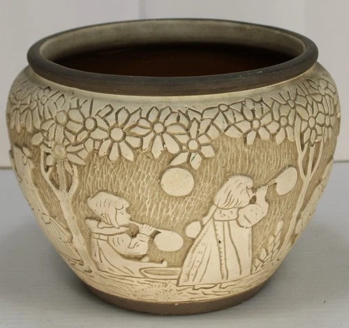 Weller Burntwood Dechiwo Ceramic Jardiniere Planter With Children 1910’s