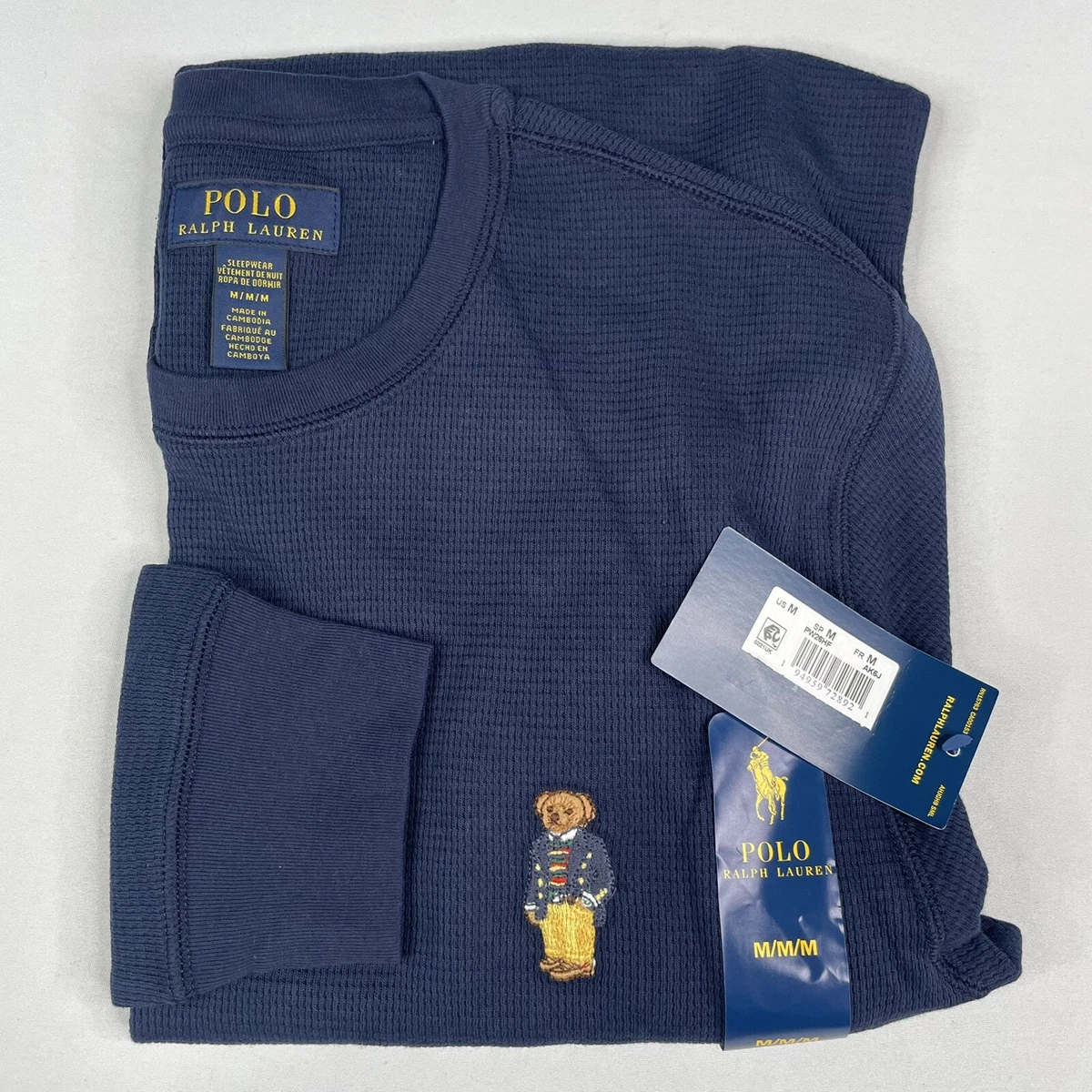 Polo Ralph Lauren MEDIUM Sleepwear Bear Waffle Knit Long Sleeve Shirt Navy