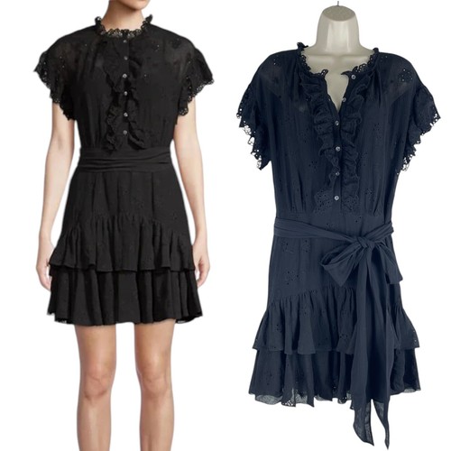 NEW Rebecca Taylor Black Dree Silk Blend Eyelet Ruffle Mini Dress Women Size 12