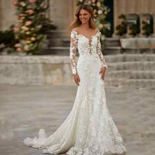 Lace Mermaid Wedding Dresses Long Sleeve Applique Backless Bridal Gowns Customed