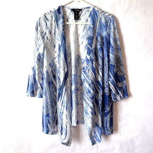 Ali Miles Blue White Jacquard Paisley Open Front Cardigan NWT Women Petite M