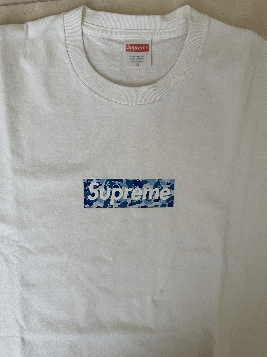 Supreme 1998 Bape Blue Camo Box Logo White Short sleeve T shirt XL  