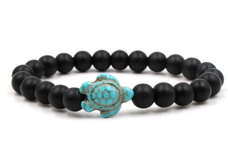 Bracelet En Agate Noire Mat Et Tortue Turquoise - Style Artisanal Et Naturel