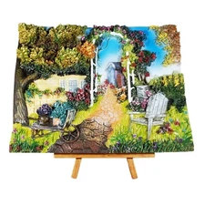 Art with Easel Garden Trellis House Sky Flowers Cart Chair 8.5x6.5 Damage to top