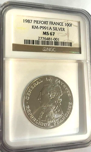 1987 Piefort France 100 Francs KM-P991 A Silver NGC MS 67-Ultra High Grade
