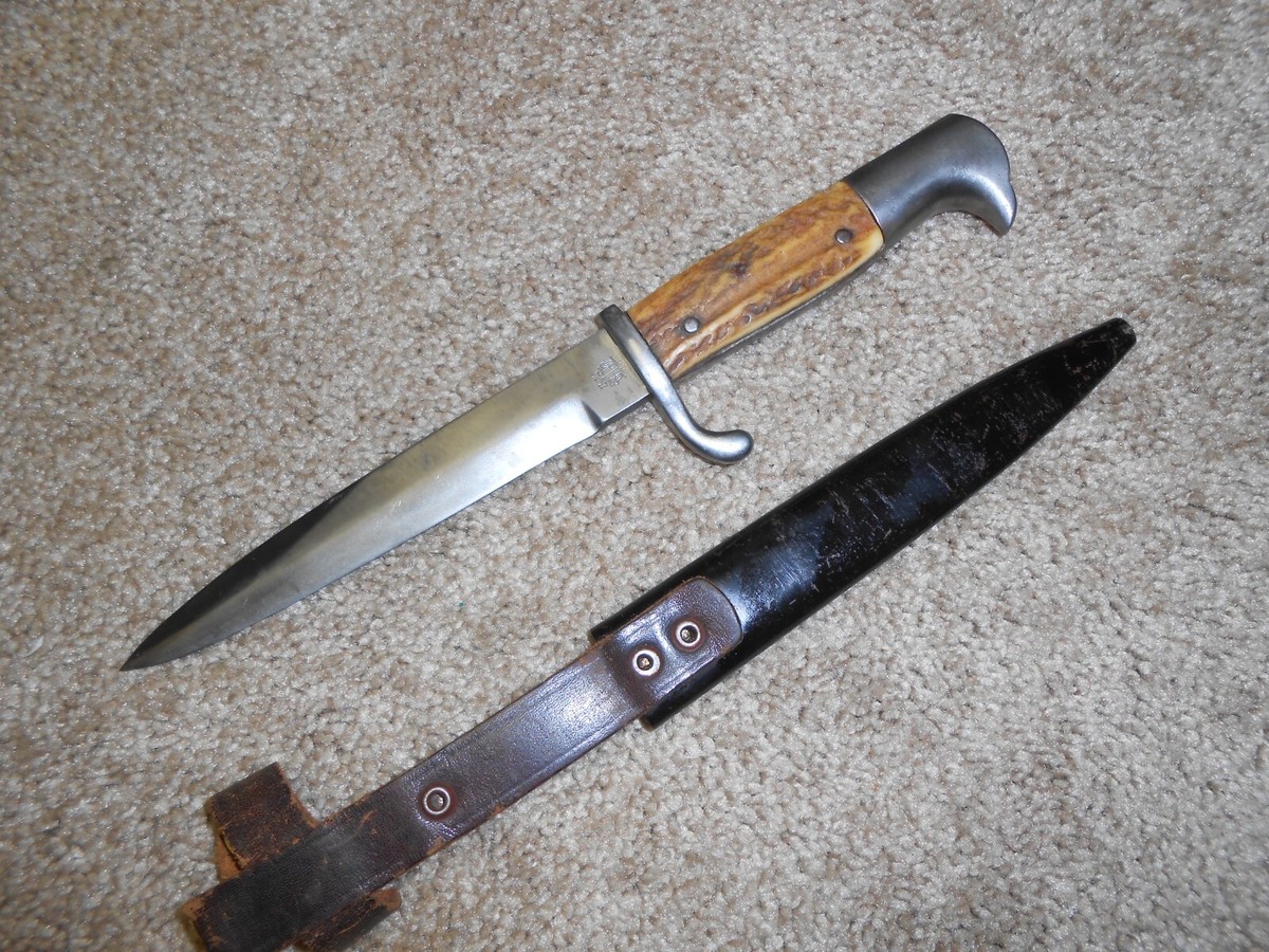 Very Rare WW1 WW2 German Trench Knife, Stag Grips, w Sheath
