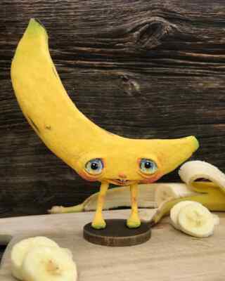 Handmade Spun Cotton Sculpture Banana OOAK Art Doll Creature Cute Rare Unique