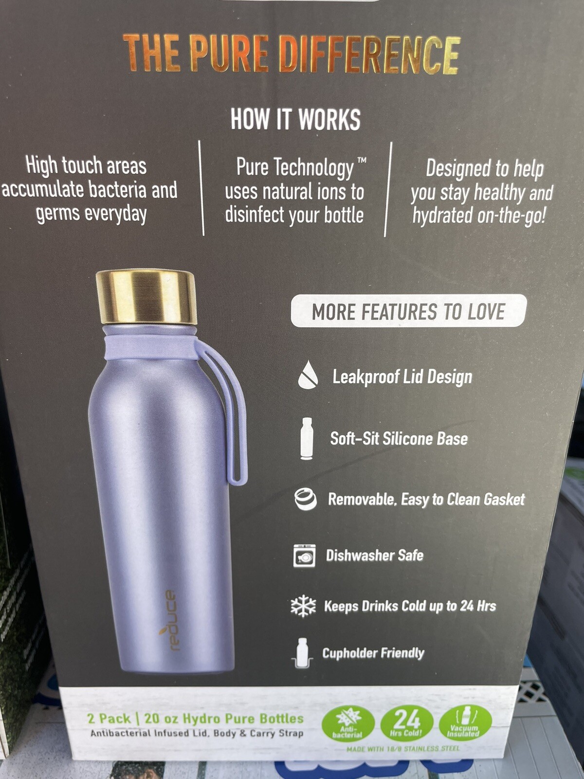 Reduce, 2 Pk - 20-oz. Hydro Pure Bottle Set w Antibacterial Lid