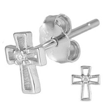 Sterling Silver 925 Hollow Cross Crucifix Cubic Zirconia Stud Earrings