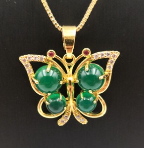 Authentic Real Green Chalcedony Aagate Jade 18KGP Rhinestone Butterfly Pendant Necklace