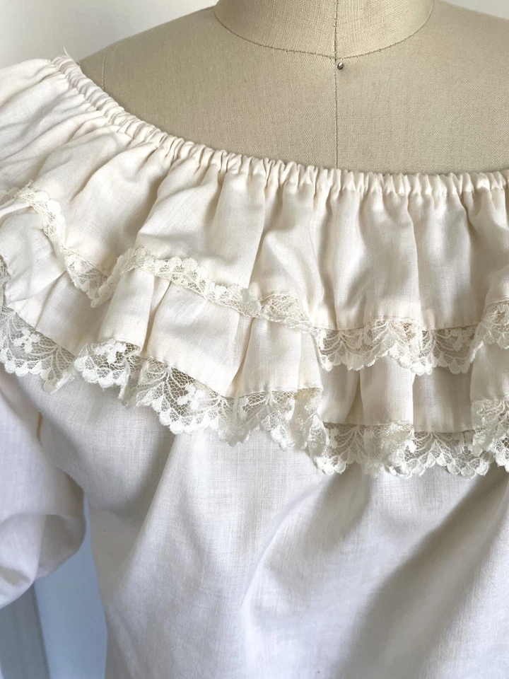 Blusa Para Mujer Vintage Años 70 Boho Pradera Cottagecore Hombro Descubierto Volantes Talla S Foto 3 de 4