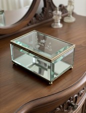 Jewelry Box Vintage Beveled Glass Trinket Etched Floral Brass Tone Hinged 6X4X3  