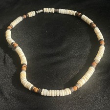 Vintage White Puka Shell Necklace Wood Coconut Bead Choker Surfer Boho Coastal