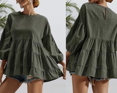 Damen Long Bluse Tunika Shirt Volant Babydoll Puffärmel 42 44 46 Khaki C497
