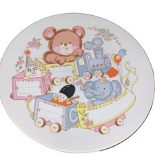 Vintage Baby Birth Plate Decor Bear Train Elephant Nursery Keepsake Blank