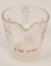 Vintage Fire King 3 3/4" Measuring Cup 8 oz 1 Cup Clear Glass Red Lettering #496