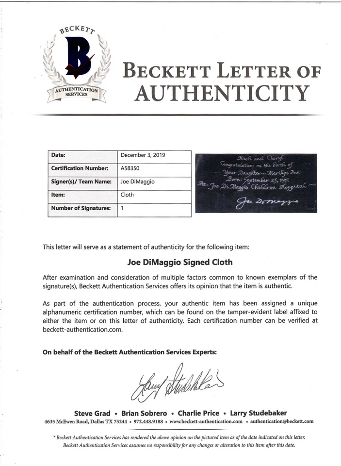 Joe DiMaggio Autographed Cloth Canvas Beckett Authenticated BAS New York Yankees - Image 2 of 2