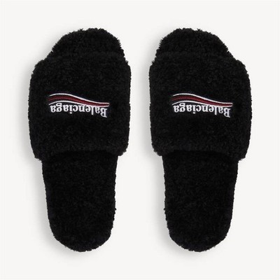 Balenciaga Men's Black Faux Fur Slide Slippers Slip-On Open Toe Solid