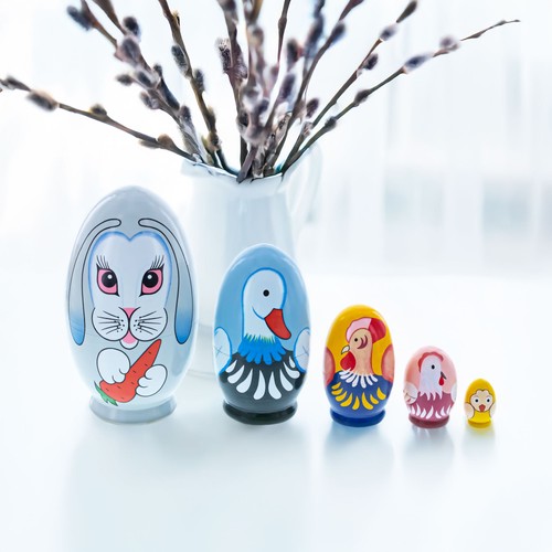 5 Bunny, Duck, Rooster, Hen & Chick Egg Shape Wooden Nesting Dolls 5 Inches - Picture 2 of 6