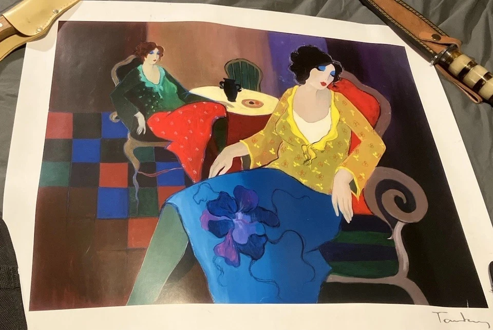 Pequeña mesa redonda Itzchak Tarkay #7 firmada serigrafía original en papel arte Foto 2 de 4