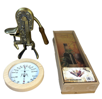 3 pc Wine Lot - Bronze Tabletop Estate Wine Opener, IWA Cellar Guage & Gift Bags